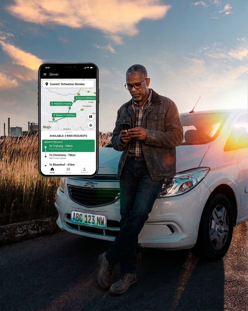 A solo driver beside his vehicle, reviewing available ride requests on the As'Vaye app
