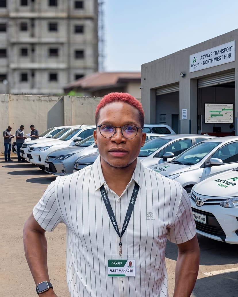 A fleet manager standing in front of a row of branded As'Vaye fleet vehicles